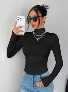 SHEIN PETITE Solid Color Slim High Collar Long Sleeve White Top - Black - View 8