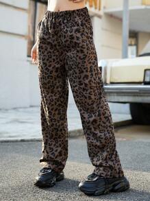 SHEIN Pantalones rectos con estampado de leopardo de moda informal para adolescentes/adolescentes niñas, para el otoño