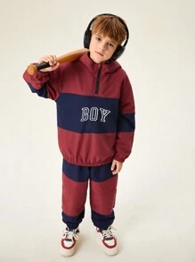 SHEIN 2pcs/Set Tween Boy Casual American Style Splice Fleece Suit - Burgundy - View 3