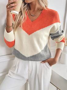 SHEIN LUNE Women's Color Block V-Neck Casual Pullover Sweater