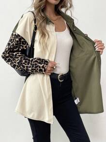 SHEIN LUNE Casual Collared Patchwork Leopard Print & Corduroy Fabric Jacket, Versatile Daily Outerwear - Multicolor - View 7