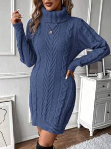 SHEIN LUNE Vestido de suéter de manga larga de punto con torsión de cuello alto de unicolor, de uso versátil