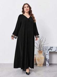 Al Najma Elegancka sukienka z koronką patchworkową w dużych rozmiarach, wiosna i jesień, skromne długie rękawy, swobodne sukienki maxi w stylu arabskim, na wieczorne przyjęcie/wesele/rocznicę/codziennie, kaftan - Czarne - Zobacz 5