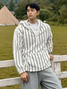 DAZY 男士条纹丝绒连帽卫衣，休闲日常穿着，秋季七分拉链款 - 彩色 - 查看 1