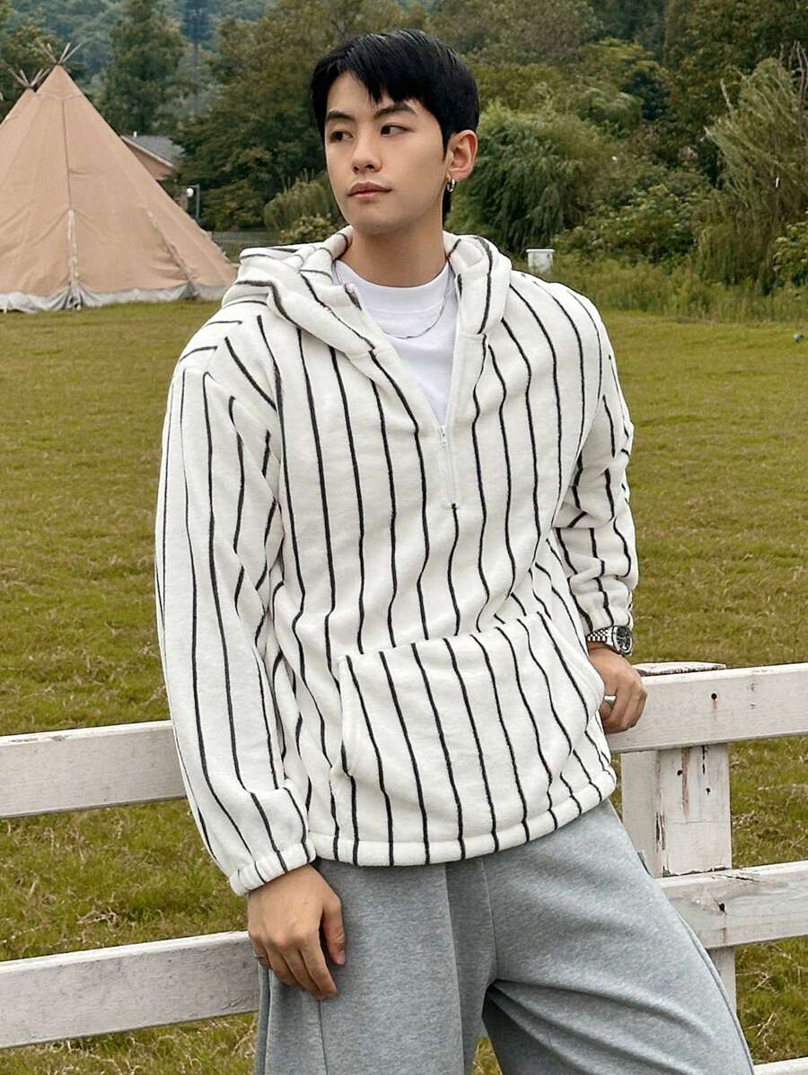 DAZY 男士条纹丝绒连帽卫衣，休闲日常穿着，秋季七分拉链款 - 彩色 - 查看 1