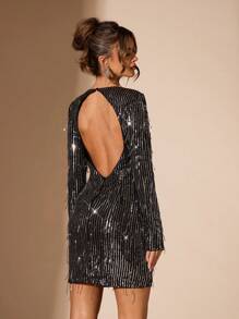 SHEIN BAE 女士优雅亮片流苏装饰长袖连衣裙，适合休闲约会、夜店派对、宴会、Y2K 闪亮圣诞女装、圣诞女装、派对女装、新年前夜连衣裙、圣诞女装、圣诞连衣裙、感恩节连衣裙、新年连衣裙、半正式连衣裙、秋冬 - 酒紅色 - 查看 6