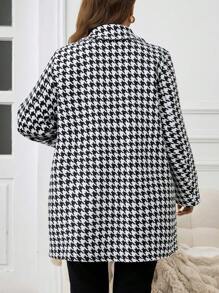 SHEIN LUNE 大码女式千鸟格图案翻领长袖口袋外套，优雅秋冬新年女装圣诞服装女士节日服装保暖 - 黑與白 - 查看 2