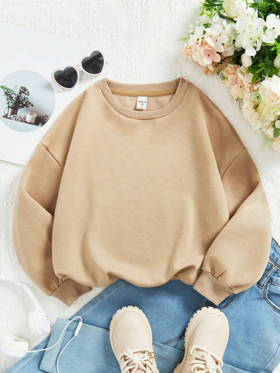 SHEIN Leap Crew Tween Girl 休闲卡通印花厚羊毛长袖运动衫，适合秋冬季 - 卡其色 - 查看 1