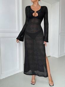 SHEIN Essnce Đầm dài tay loe phía trước dệt kim màu trơn đơn giản cho nữ - màu đen - Xem 3