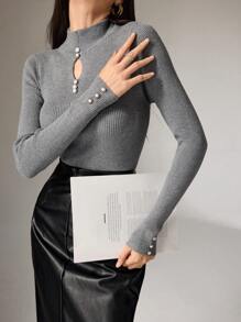 Modelyn Casual Solid Color Hollow Out Stand Collar Slim Fit Sweater, Autumn/Winter - Grey - View 5