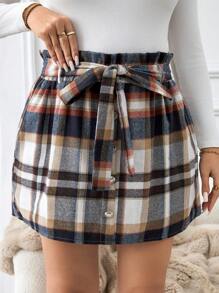 SHEIN LUNE Plus Size Going Out Comfortable Plaid Skirt Thanksgiving Winter Holiday - Multicolor - View 4