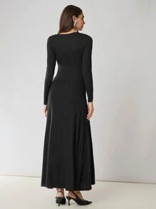 Enchnt Damen einfarbiges Kleid mit Rundhalsausschnitt, Langarm und Rüschensaum, elegant