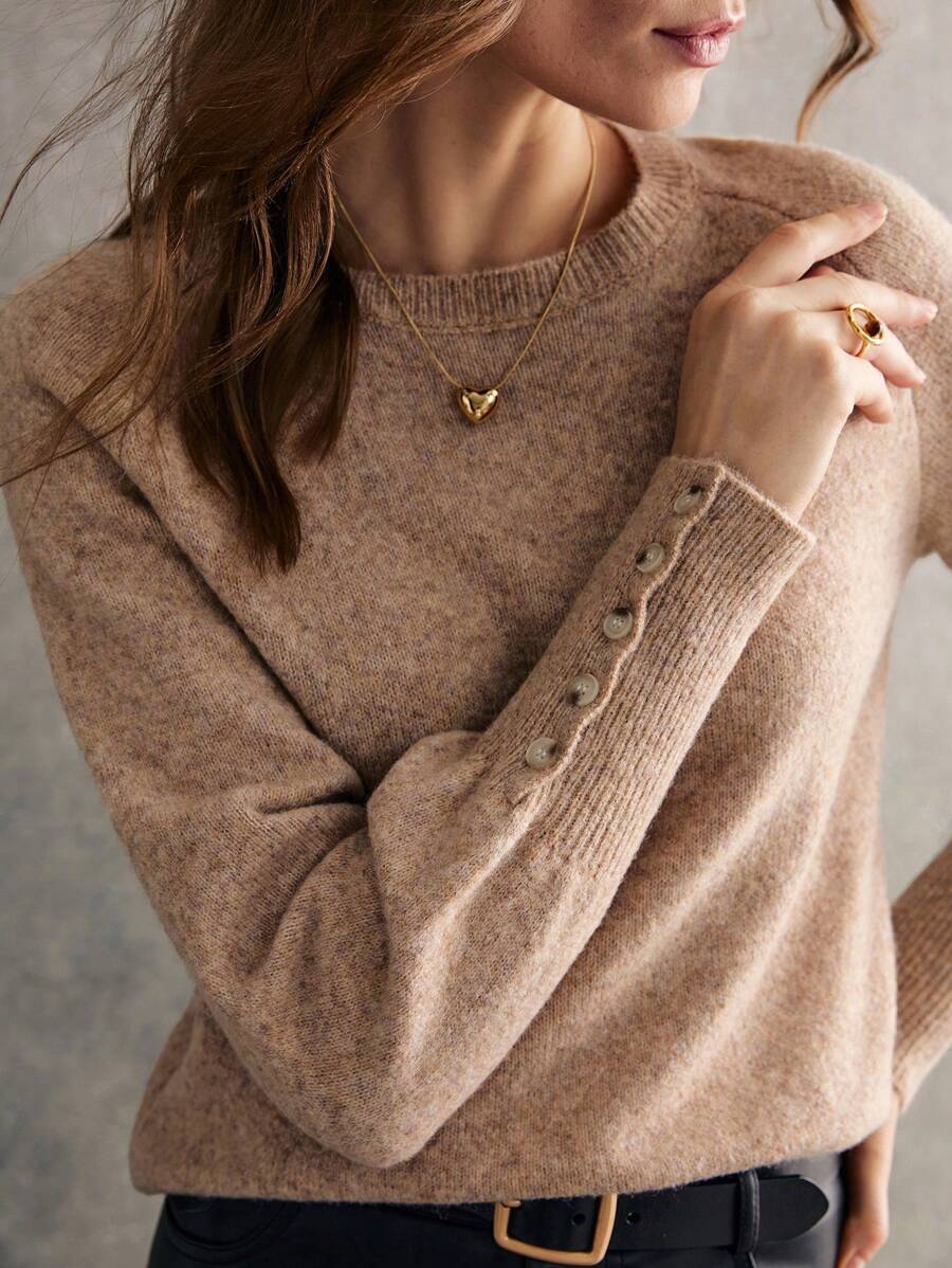 Áo len cổ tròn màu trơn thanh lịch dành cho nữ - Màu Khaki - Xem 1