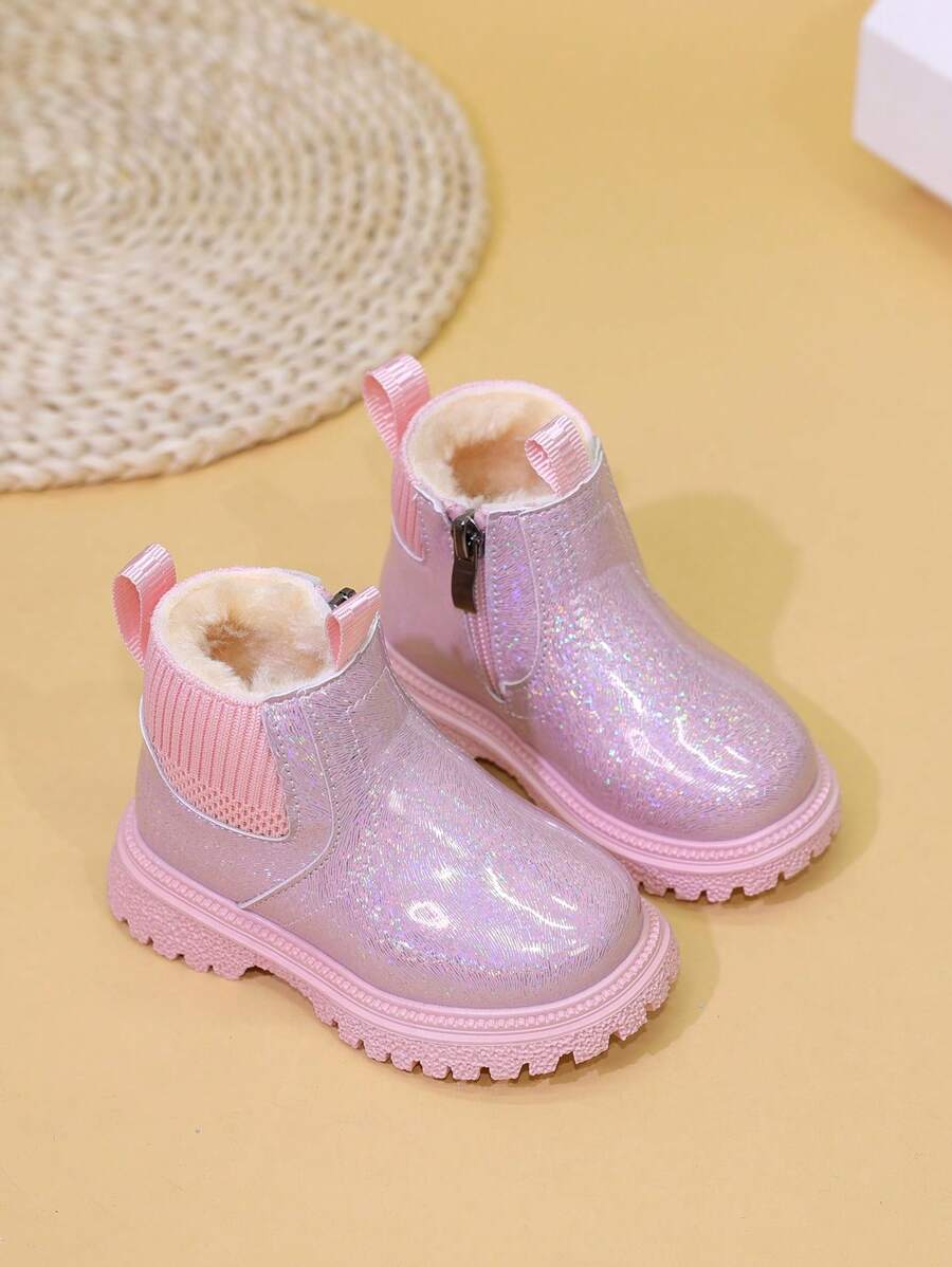Botas cortas forradas térmicamente para niñas pequeñas, botas gruesas y cálidas brillante para niños, botas hasta el tobillo para niñas pequeñas, nuevos zapatos de otoño/invierno para bebés - Rosa - Ver 1