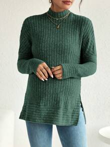 SHEIN Pregnant Women Plain Stand Collar Long Sleeve Split Hem Minimalist Top, Casual Everyday Wear, For Maternity