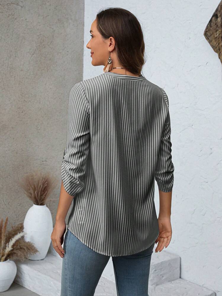 Casual Striped Notched Neck Roll Up Sleeve Shirt For Autumn