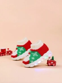 Calcetines de Navidad para bebés con función de luz, botas de caña media forradas con aislante térmico grueso, cálidos