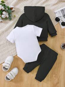 SHEIN 3pcs/Set Newborn Baby Casual All-Match Short Sleeve Romper, Hooded Jacket And Pants Outfit Set, Suitable For Spring, Summer, Autumn And Winter