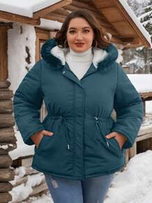 SHEIN Essnce Plus Size Solid Color Front Zipper Long Sleeve Pocket Casual Hooded Coat