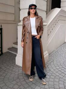 EURMUSE Brown Long Leather-Look Wind Coat With Pockets & Double Breasted Button Design, Long Sleeve - Chocolate Brown - View 3