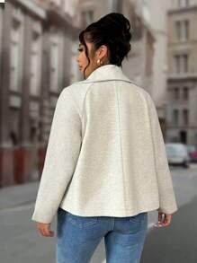 Flirla Plus Size Autumn Notched Collar Loose Raglan Sleeve Short Double-Breasted Overcoat, For Winter - Grey - View 2