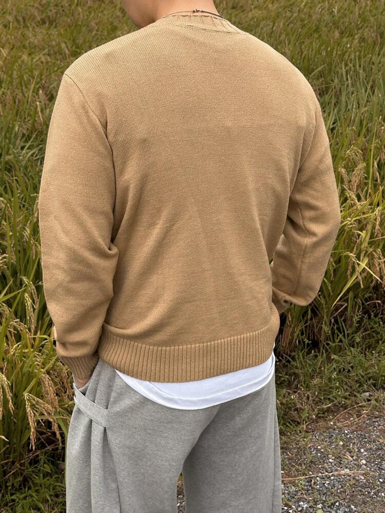 Jersey holgado de cuello redondo de manga larga de unicolor para hombre, informal de otoño