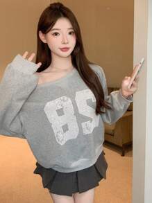 DAZY Women's Oblique Shoulder Long Sleeve Numeric Print Minimalist Sweatshirt, Casual For Daily Wear,Fall Clothes - Grey - View 5