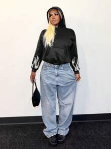 BamGleam Woman Sexy Loose Shiny Rhinestone Flame Pattern Hoodie Pullover Fall - Black - View 5