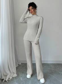 Elenzga 女士 2 件套 - 休闲纯色立领修身罗纹针织毛衣和直腿针织裤 - 淺灰色 - 查看 3