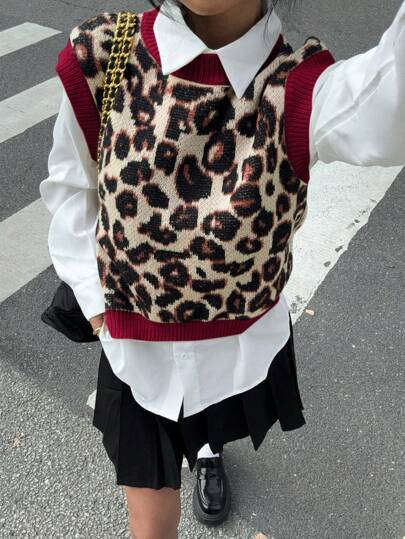 SHEIN Frenchy 女士休闲豹纹撞色边宽松针织毛衣背心（不含衬衫、秋冬季上学上衣）
