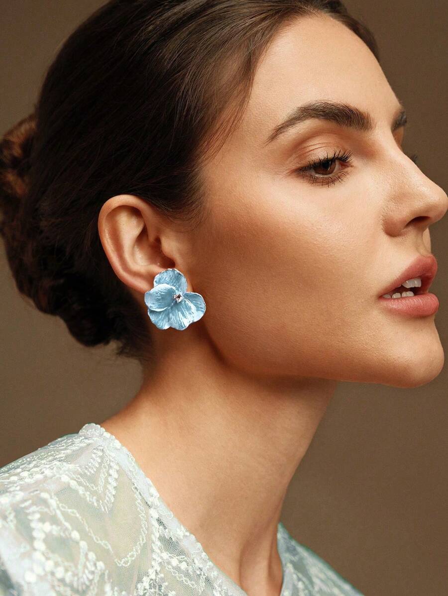 SHEIN 18K 镀金 - 空灵油画粉色花卉耳环 - 藍色 - 查看 1