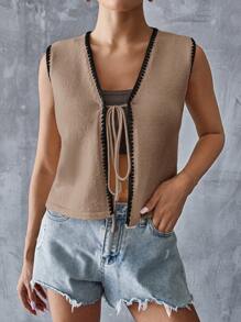 SHEIN Essnce Áo len chui đầu thắt nút màu tương phản giản dị cho nữ - Màu Khaki - Xem 3