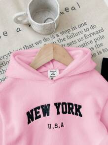SHEIN LMoss Kids 女婴可爱字母刺绣羊毛连帽不对称上衣和松紧腰黑色裤子套装，秋冬 - 彩色 - 查看 6