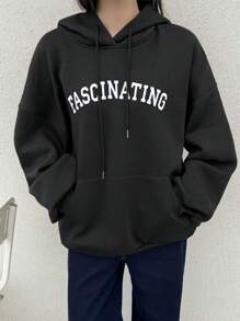 Dazy-Less 1pc Women Solid Color Loose Thermal Lined Hooded Sweatshirt With Letter Graphic,Fall Women Clothes