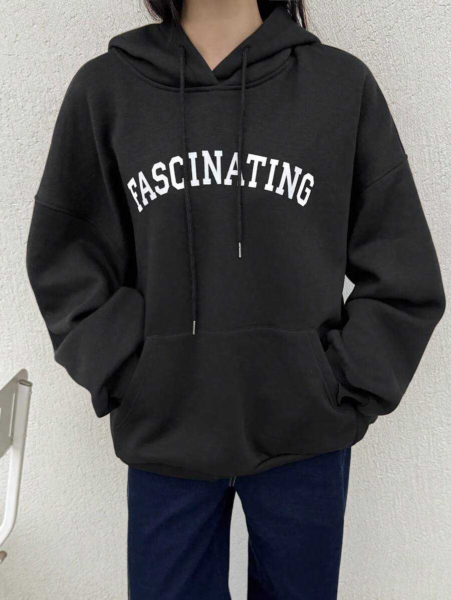 Dazy-Less 1pc Women Solid Color Loose Thermal Lined Hooded Sweatshirt With Letter Graphic,Fall Women Clothes