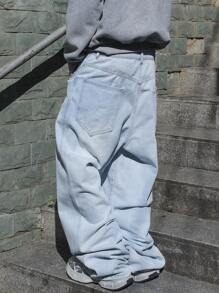 Manfinity EMRG Quần Jeans Ống Rộng Rộng Rộng Màu Xanh Nhạt Cho Nam, Quần Jeans Cargo Dài Quá Khổ Bằng Denim Trơn, Dành Cho Chồng, Quà Tặng Bạn Trai - Rửa nhẹ - Xem 2