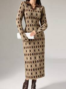 Modelyn 秋冬女式几何印花翻领复古长袖毛衣裙