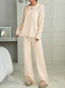 SHEIN EZwear 秋冬款女士纯色圆领长袖毛衣上衣和裤子常规休闲针织套装 2 件套