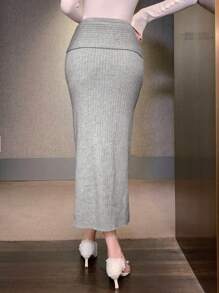 DAZY Women's Elegant Solid Color Bodycon Sweater Skirt, Autumn/Winter - Light Grey - View 2