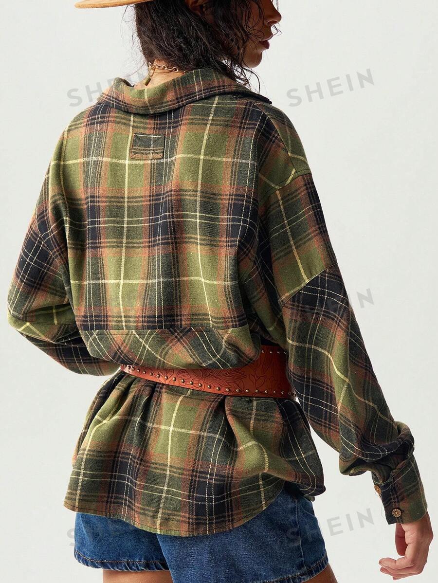 Bohemela Blusa holgada de manga larga con cuello de solapa a cuadros para mujeres, ropa de vacaciones