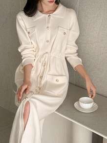 DAZY 女士休闲纯色长袖收腰毛衣连衣裙，带口袋，不带腰带 - 米色 - 查看 2