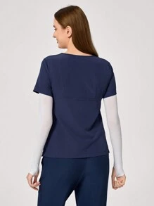 TaskEZ 纯色缺口领短袖双口袋手术服上衣 - 藏蓝色 - 查看 2