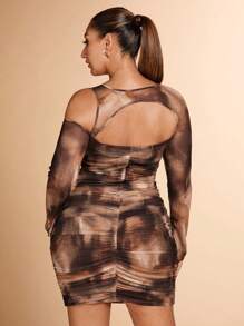 SHEIN BAE Đầm ngắn tay dài phối lưới nhuộm loang màu, dáng ôm vừa vặn, cổ bẻ lệch gợi cảm BAE Plus Date Party Hottie - Màu be - Xem 2