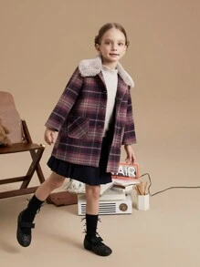 PrepCrw Geruite oversized enkelrijsjas voor jonge meisjes met pluizige kraag, losse pasvorm, voor herfst en winter, collegestijl