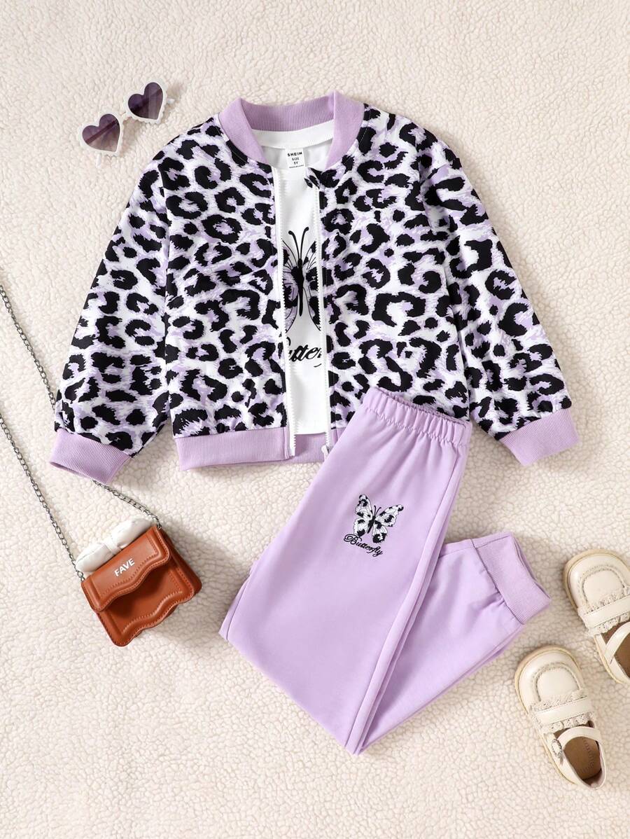 SHEIN 3 sztuki/zestaw dziewczęca kurtka bomberka z nadrukiem w panterkę, koszulka z krótkim rękawem w kolorze białym z nadrukiem motyli i elastyczny pas, spodnie dresowe typu jogger