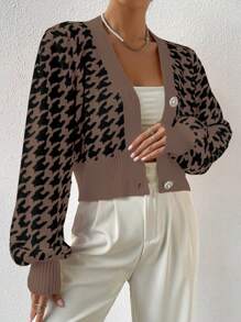 Chiquease Houndstooth Print V-Neck Button Front Long Sleeve Casual Cardigan