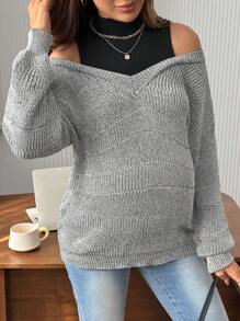 SHEIN 孕妇休闲双色露肩二合一长袖毛衣，秋冬季 - 黑與白 - 查看 1