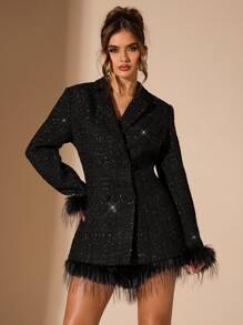 SHEIN BAE 女士优雅闪光蓬松袖口西装外套，秋季派对黑色闪光珠饰冬季女装感恩节女装圣诞女装圣诞女装女式西装外套黑色外套公主服 - 黑色 - 查看 6