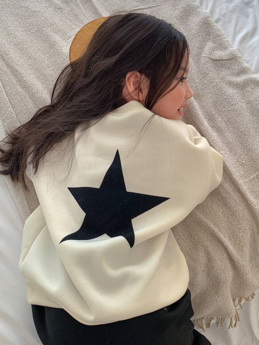 DAZY 年轻女孩秋装，年轻女孩五角星印花运动衫 - 白色 - 查看 1