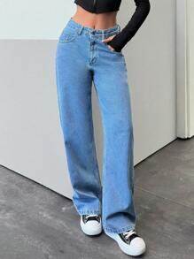 EURMUSE Jeans droits à la taille haute, style décontracté, avec poches simples - Jean clair - Voir 1